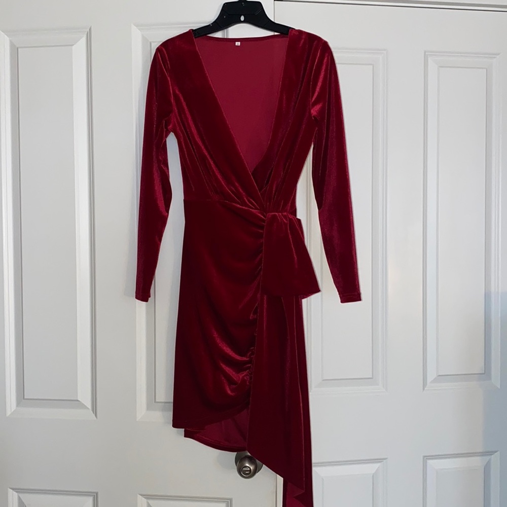 Burgundy velvet with front bow knee length dress